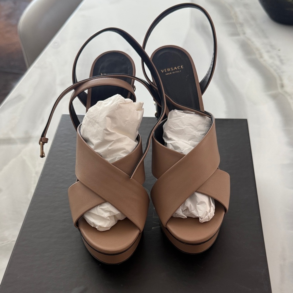 Versace Brown Platform Sandal with Black Studded Heel - Picture 3 of 7